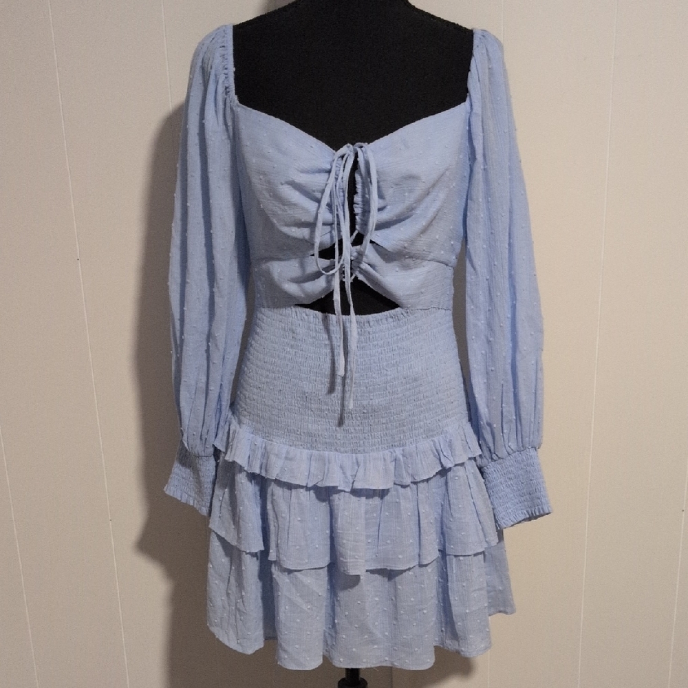 Astr Light Blue Long Sleeve Ruffle Mini Dress